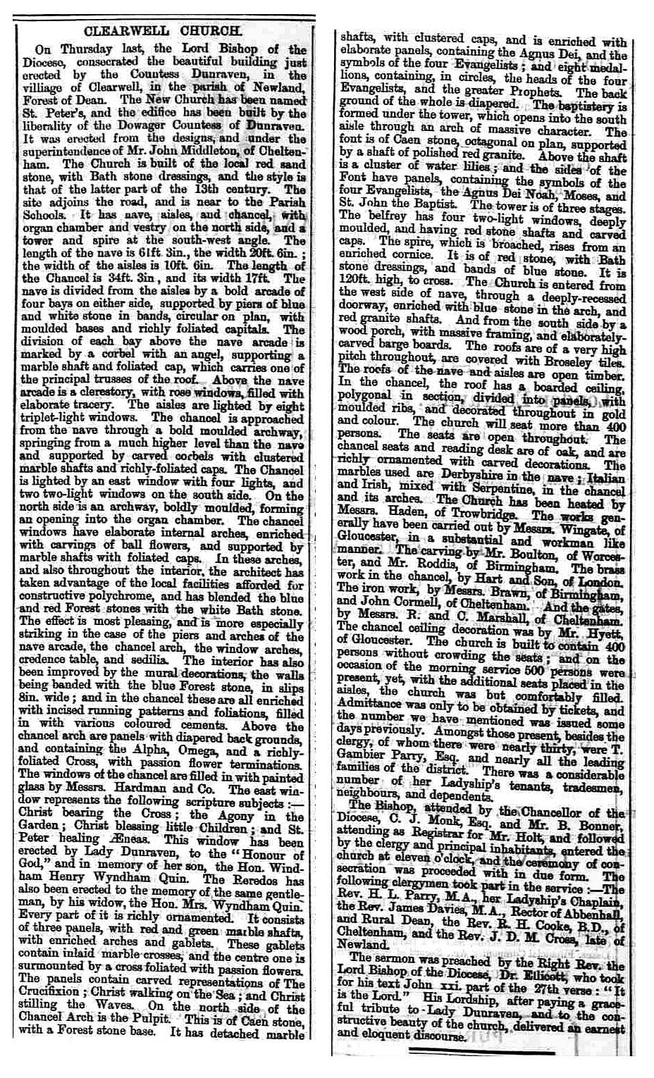 Newspaper article describing the opening of St Peter's church at Clearwell