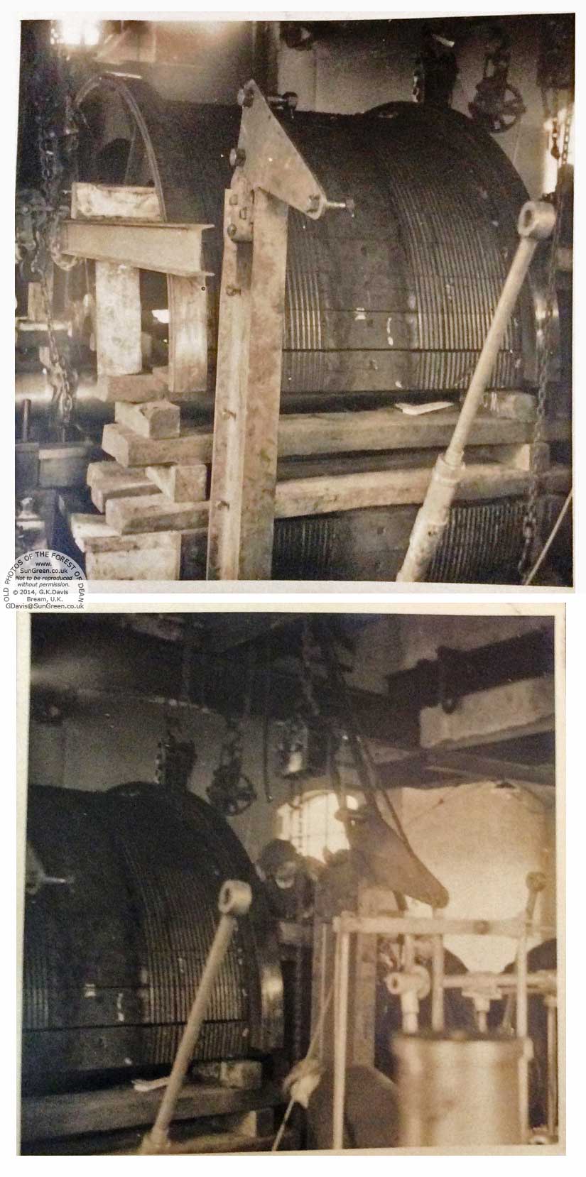 Two 1938 photos taken in the winding room at Park Gutter colliery, Bream