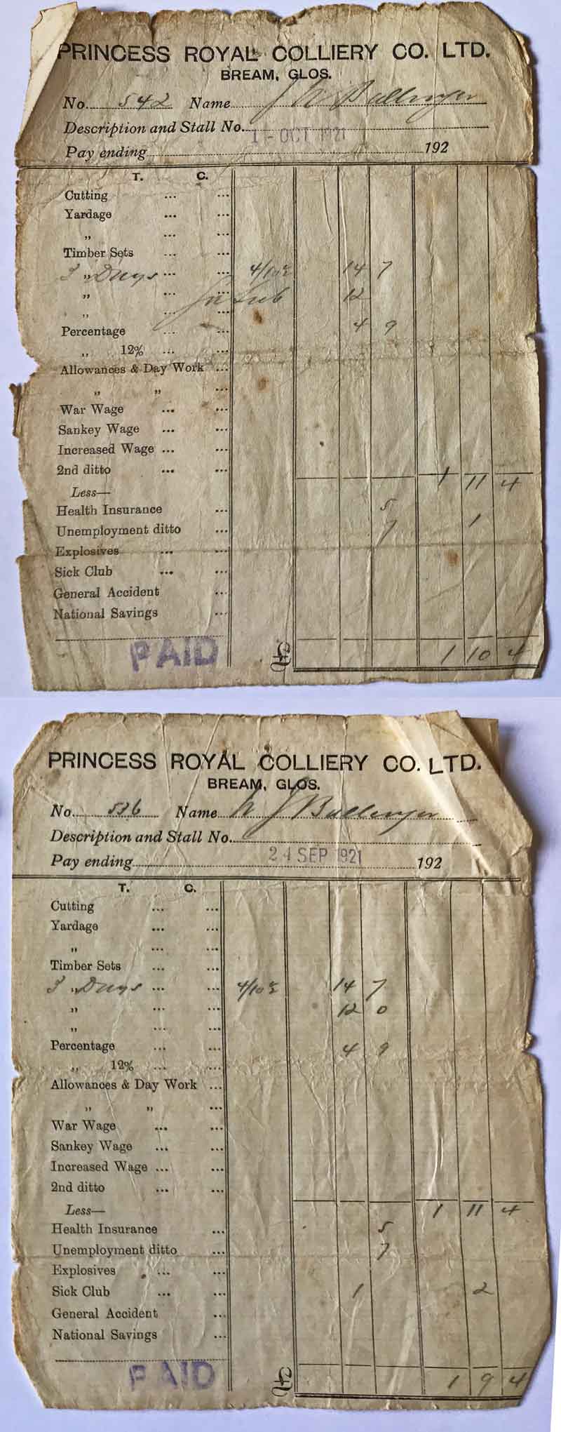 An image showung 2 Princess Royal colliery wage slips from 1921